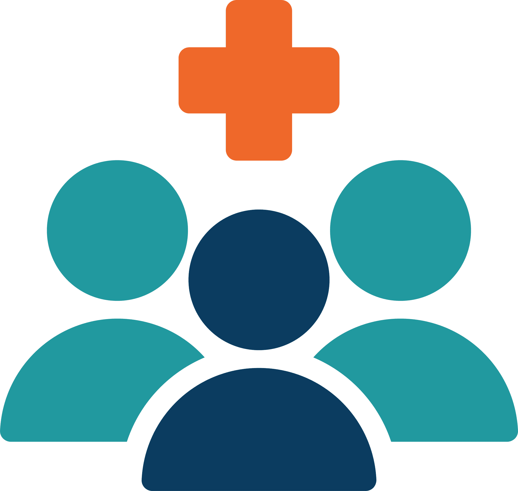 cartoon drawing of three people with a plus sign above them